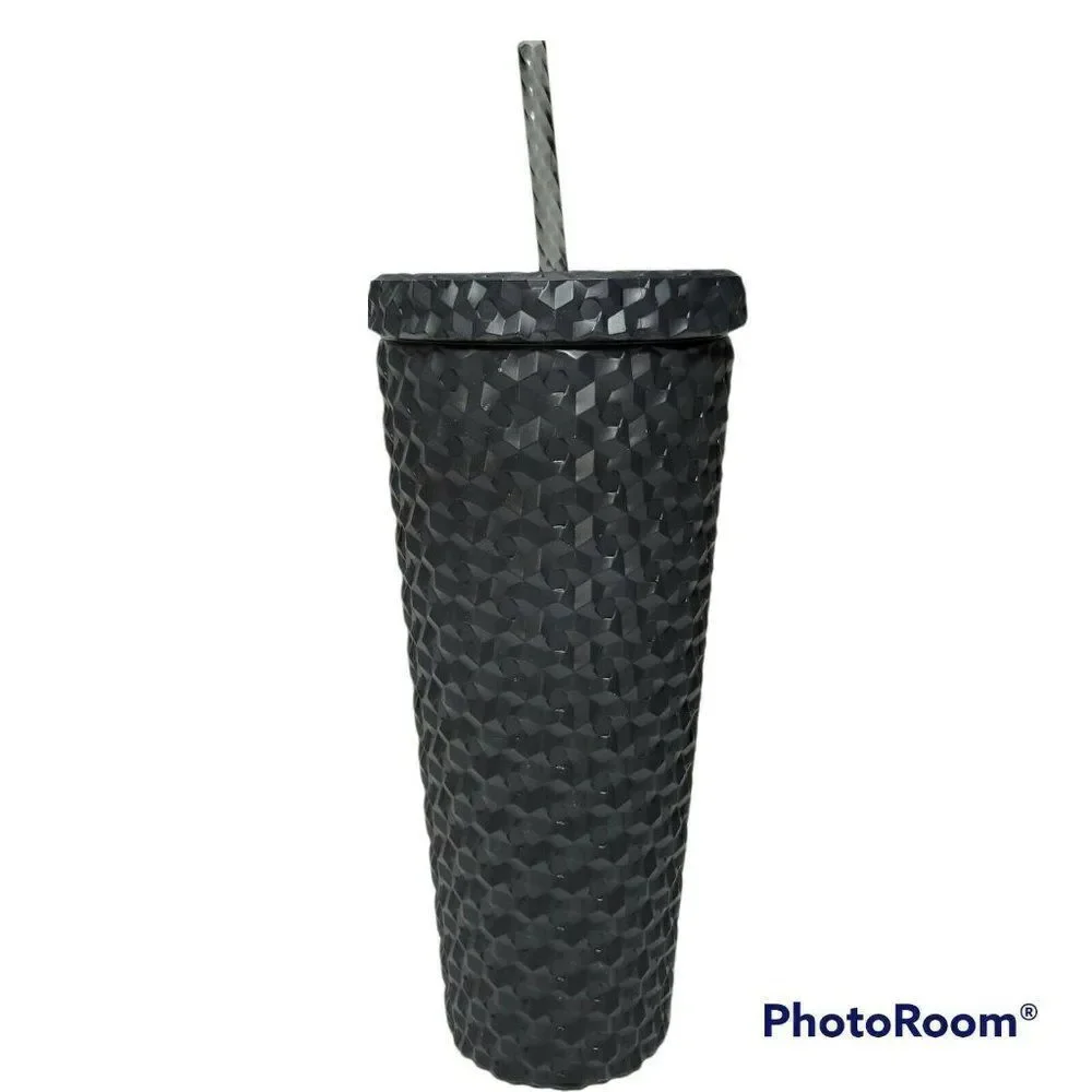Walmart Textured Tumbler Cup Reusable 26 oz Matte Black Screw Top Lid w/Straw‎
